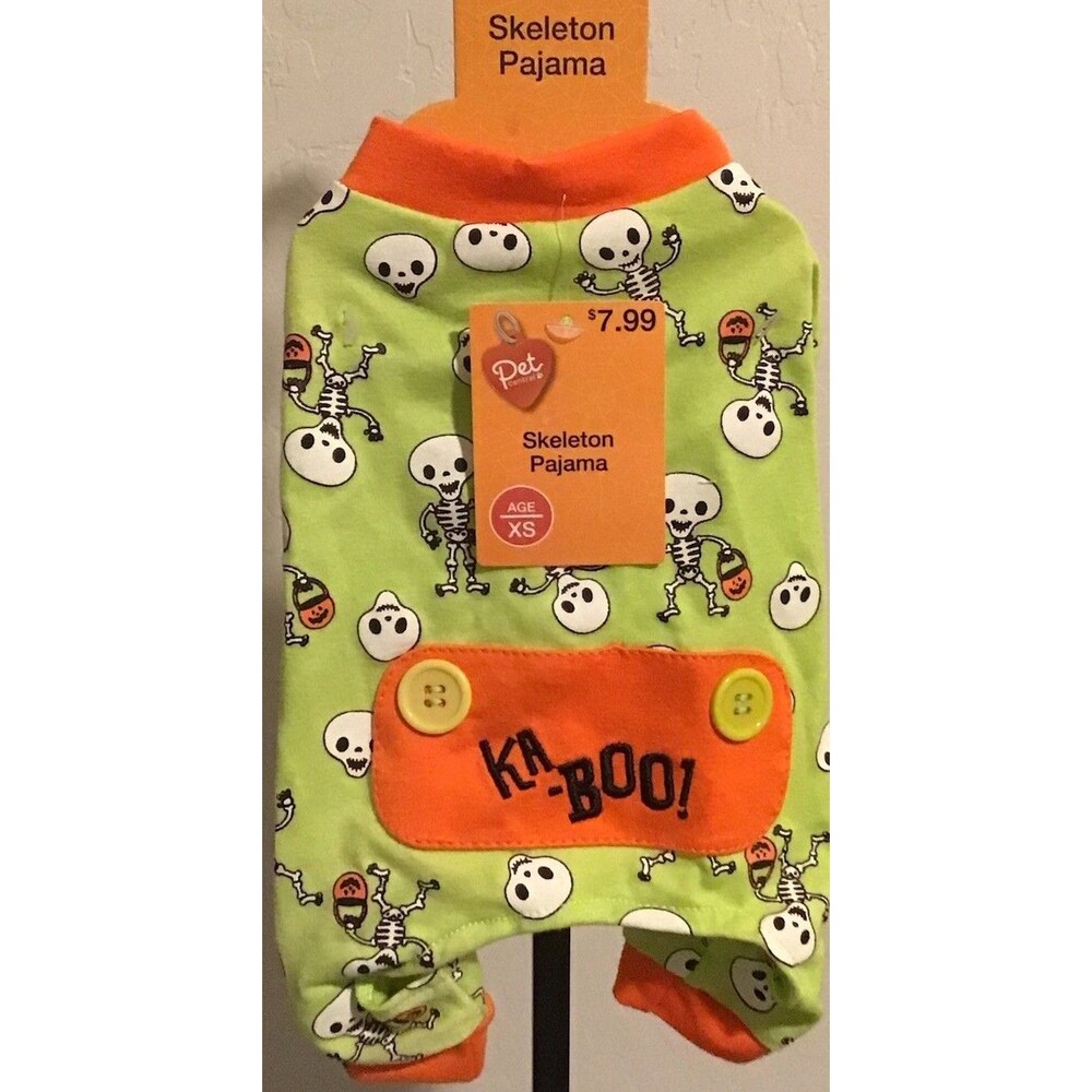PET CENTRAL Skeleton KA-BOO Dog Pajamas Size X-SMALL Green/Orange Halloween NEW